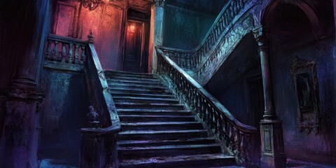 Poster - Dark and Mysterious Stairwell in a Haunted Mansion