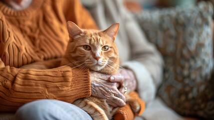 Senior woman holding a cat on her lap, highlighting the comfort pets provide. Elderly people's day.