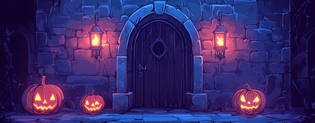 Background of a dark fantasy medieval castle interior, with glowing candles and lanterns on the walls, a carved wooden door Generative AI