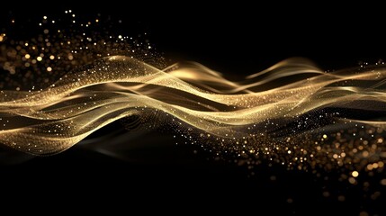 Wall Mural - Abstract golden wave with sparkling particles on a black background.