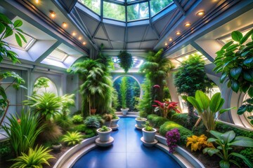 Serene indoor garden with lush greenery and skylight for natural illumination plants thriving in sunlight