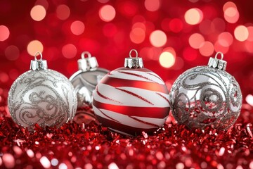 Festive christmas ornaments on sparkling red background