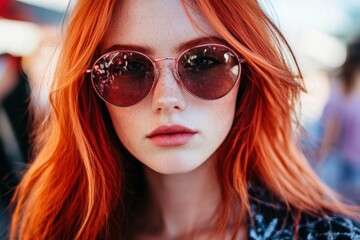 Intense gaze of young redhead woman with stylish sunglasses