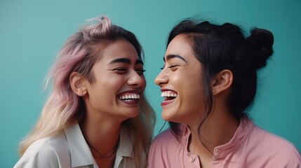 Two women with curly hair laugh and smile together in casual pink and white outfits. The scene is vibrant and joyful, capturing a moment of genuine friendship and happiness.