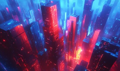 Poster - A Futuristic Cityscape with Red and Blue Neon Lights