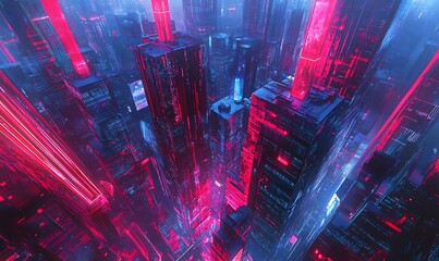 Sticker - Futuristic Cityscape with Neon Lights and Geometric Buildings