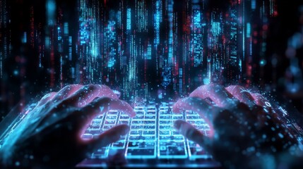 Aufkleber - Hands typing on glowing laptop with streams of binary code, representing coding and IT security.