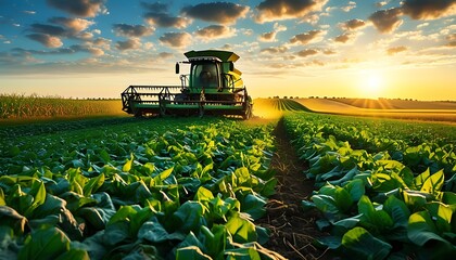 In the sun, an agricultural machine is working in the fields, surrounded by vibrant green plants and mature crops, showing the busy and bumper harvest of the farmland.