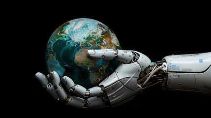 Robot hand holding a globe, representing the global impact of AI and machine learning technologies.