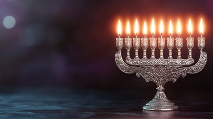 Canvas Print - Silver Menorah with Burning Candles.