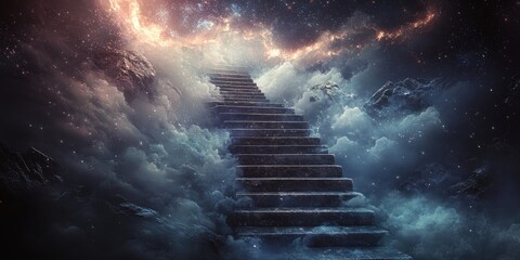 Poster - Stone Steps Leading Up to a Starry Sky and Clouds