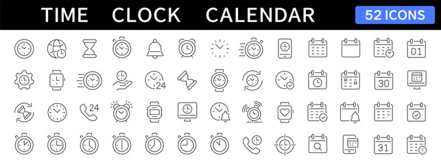 Poster - Time, Clock and Calendar thin line icons set. Stopwatch, alarm, watch, hourglass, timer editable stroke icon. Vector