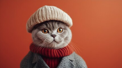 Wall Mural - surreal portrait of a british shorthair cat wearing a classic style outfit in a studio setting