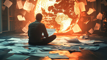 Wall Mural - A man is sitting on the floor in front of a large globe