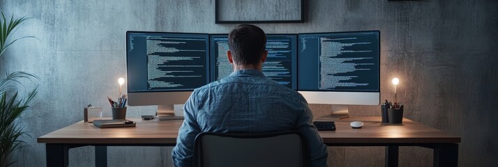 Developer sitting at a large desk coding on multiple monitors. Modern workspace setup for programming projects.