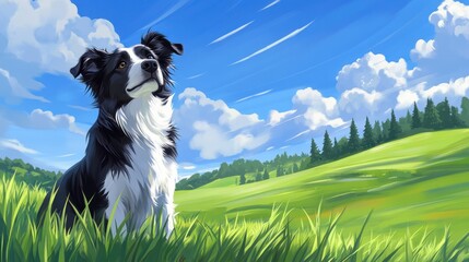 Sticker - A painting of a dog sitting in the grass on top of a hill, AI