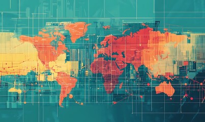 Poster - Abstract World Map with Grid and Digital Overlays