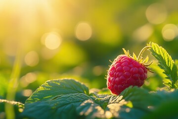 Wall Mural - Sunlit ripe raspberry on bush in summer