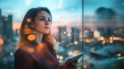 Canvas Print - A businesswoman deep in thought, holding a touchpad, looking out of a glass office window with a cityscape in the background. Ai generated