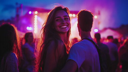 Canvas Print - A happy couple dancing close together at an open-air concert in the evening, with colorful lights from the stage reflecting their joy and the bustling crowd around them. Ai generated