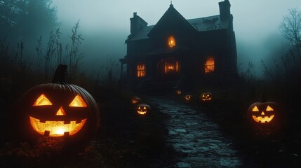 Canvas Print - A cinematic shot of a haunted house at dusk, with glowing jack-o'-lanterns lighting the path