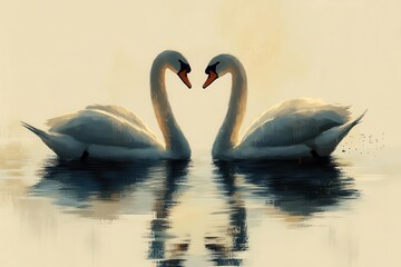 whimsical illustration of two stylized swans forming a heart shape on serene water surface rendered in minimalist graphic style