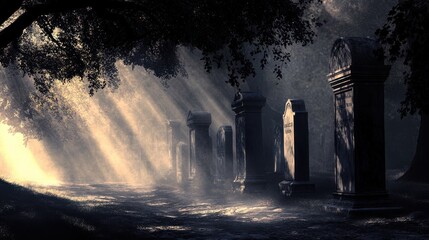 Wall Mural - A foggy graveyard scene with tombstones and eerie lighting casting long shadows
