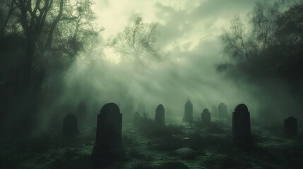 a foggy graveyard scene with tombstones and eerie lighting casting long shadows