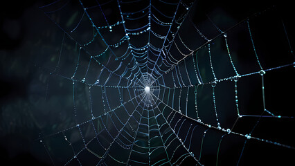 abstract background of an intricate spider web with delicate, shimmering silver threads against a dark, misty backdrop