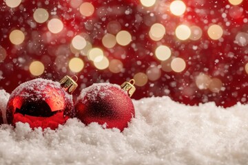 Wall Mural - festive red christmas baubles in with golden bokeh background