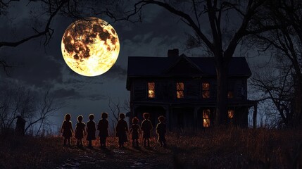 Wall Mural - A full moon illuminating a group of children in creative Halloween costumes standing in front of an old, spooky house