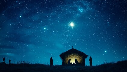 a serene nativity scene depicts figures gathered around a stable under a brilliant starry sky, evoki