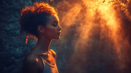 Canvas Print - A young woman with her eyes closed, standing in front of a smoky orange backdrop.