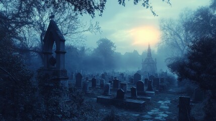 Wall Mural - a graveyard scene with fog rolling over the tombstones and an eerie, glowing light in the distance