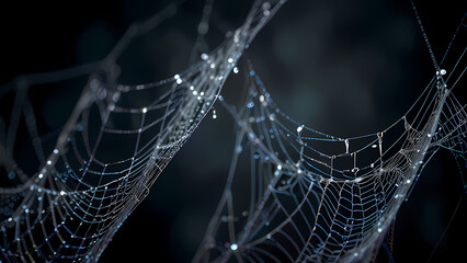 abstract background of an intricate spider web with delicate, shimmering silver threads against a dark, misty backdrop