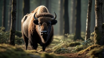 buffalo in the forest, in a close-up photo