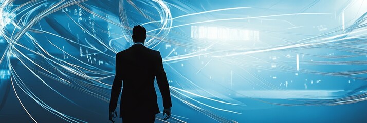 Poster - A businessman facing a digital tunnel of swirling blue lines and light. Journey into technology and transformation.