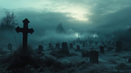 Wall Mural - a graveyard scene with fog rolling over the tombstones and an eerie, glowing light in the distance