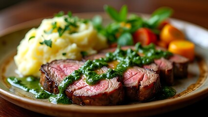 A plate of meat with a side of mashed potatoes and vegetables. The meat is cooked and seasoned perfectly, and the vegetables are roasted.