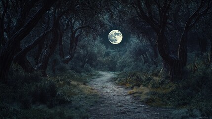 Wall Mural - a cinematic shot of a haunted forest path illuminated by the glow of a full moon