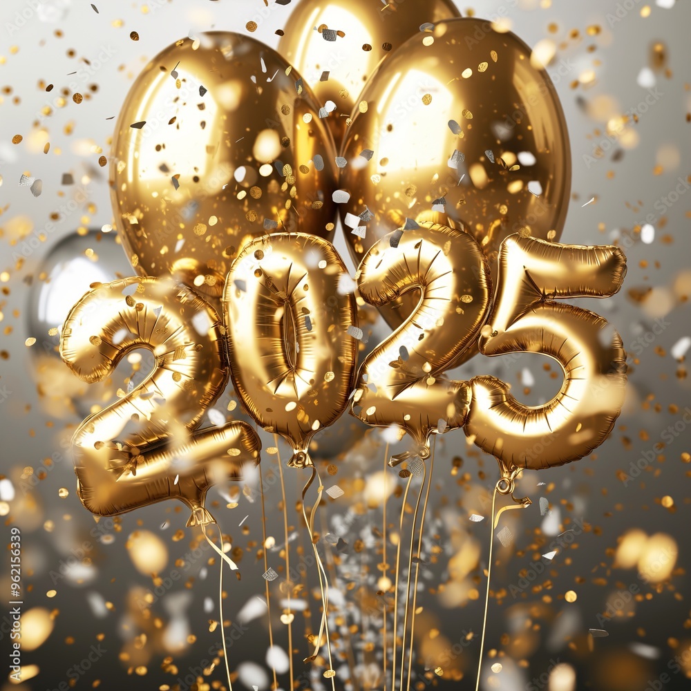 New year celebration 2025 with shiny gold balloons and falling confetti ...