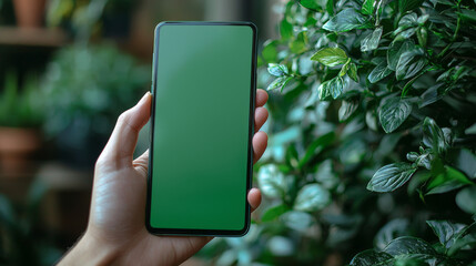 Canvas Print - Hand holding a phone with a blank green screen.