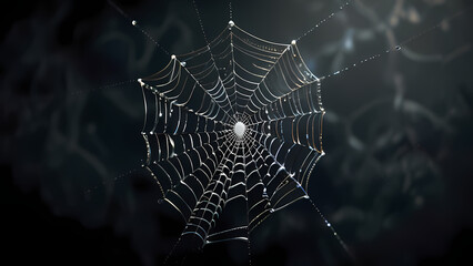 abstract background of an intricate spider web with delicate, shimmering silver threads against a dark, misty backdrop