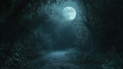 Wall Mural - a cinematic shot of a haunted forest path illuminated by the glow of a full moon