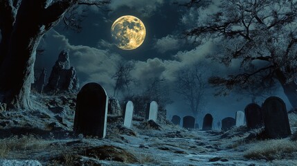 Wall Mural - a spooky graveyard scene with a full moon casting long shadows over the tombstones