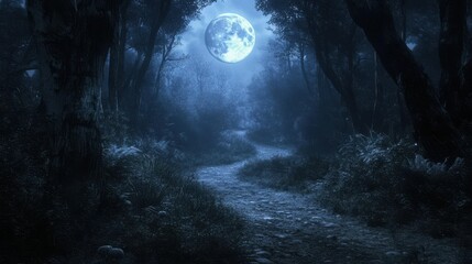 Wall Mural - a cinematic shot of a haunted forest path illuminated by the glow of a full moon