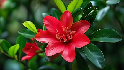 Wall Mural - A bright red flower surrounded by green leaves, showing the vitality and vitality of nature.