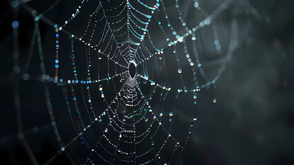  abstract background of an intricate spider web with delicate, shimmering silver threads against a dark, misty backdrop