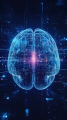 Poster - Futuristic digital brain hologram with glowing neural connections. Artificial intelligence and advanced technology concept.