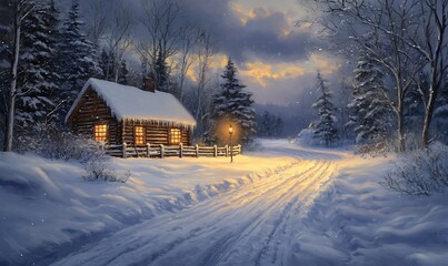 Poster - A Snowy Cabin with a Winding Path in a Winter Forest